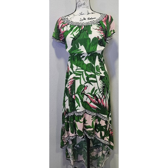 Flying Tomato Dress Tropical Print Off Shoulder Ruffle Hi-Lo Hem Midi Size Large - Picture 1 of 11